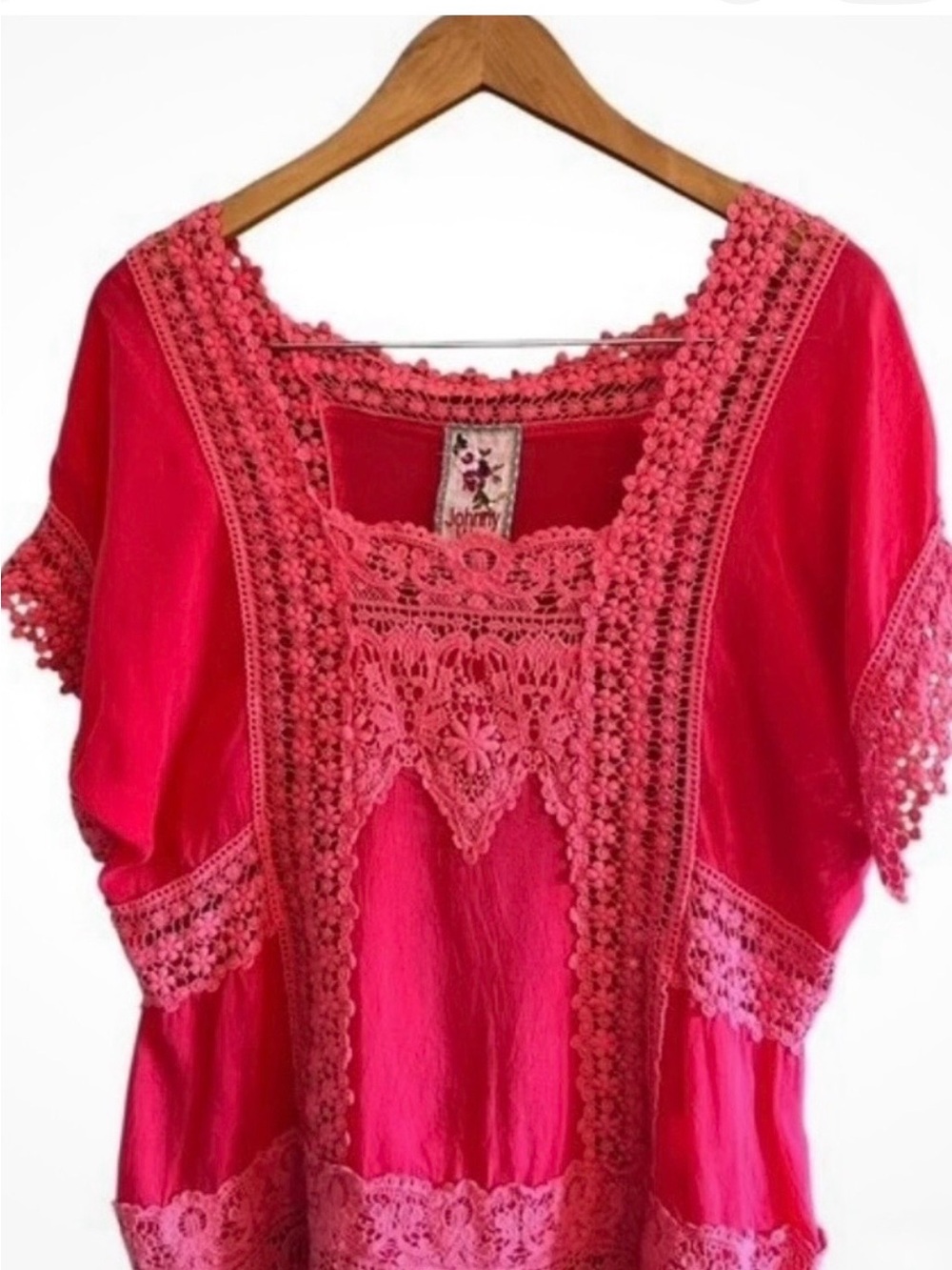 Beautiful Johnny Was Bright Pink / Magenta Crochet-Trim Tunic Lace Kimono Top
